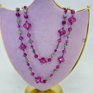40" Purple Beaded Necklace Gunmetal Tone Long Strand